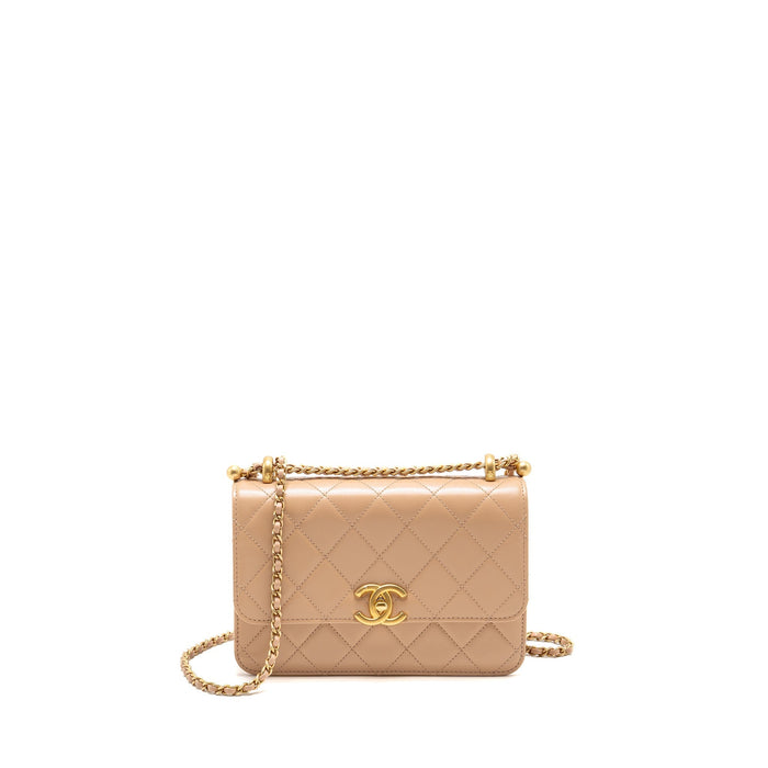 CHANEL GOLD CRUSH FLAP BAG CALFSKIN BEIGE GHW (MICROCHIP)