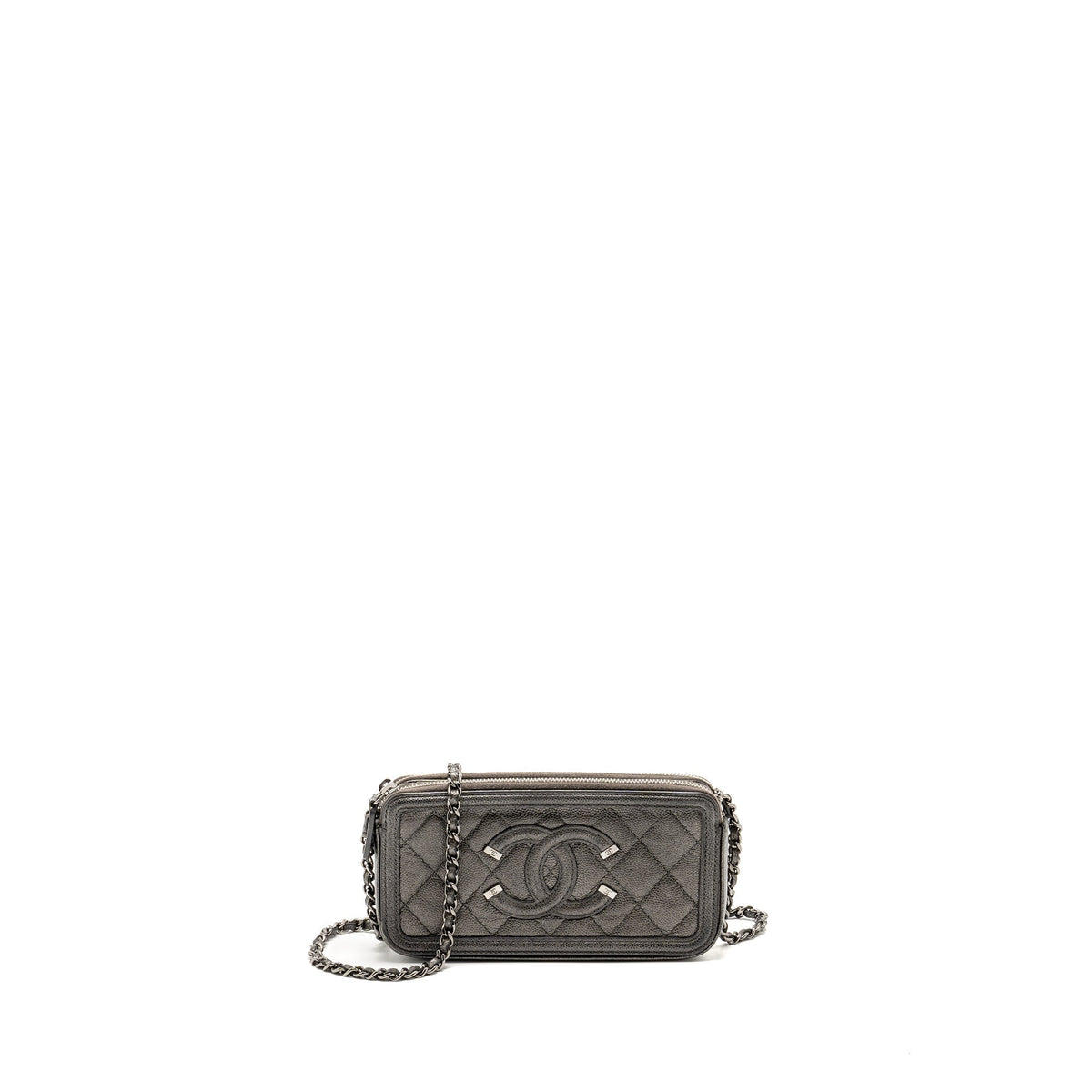 CHANEL CC FILIGREE DOUBLE ZIP CLUTCH WITH CHAIN CAVIAR GREY SHW