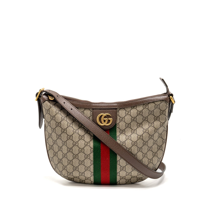 GUCCI SMALL OPHIDIA HALF MOON CROSSBODY HOBO BAG GG SUPREME CANVAS GHW
