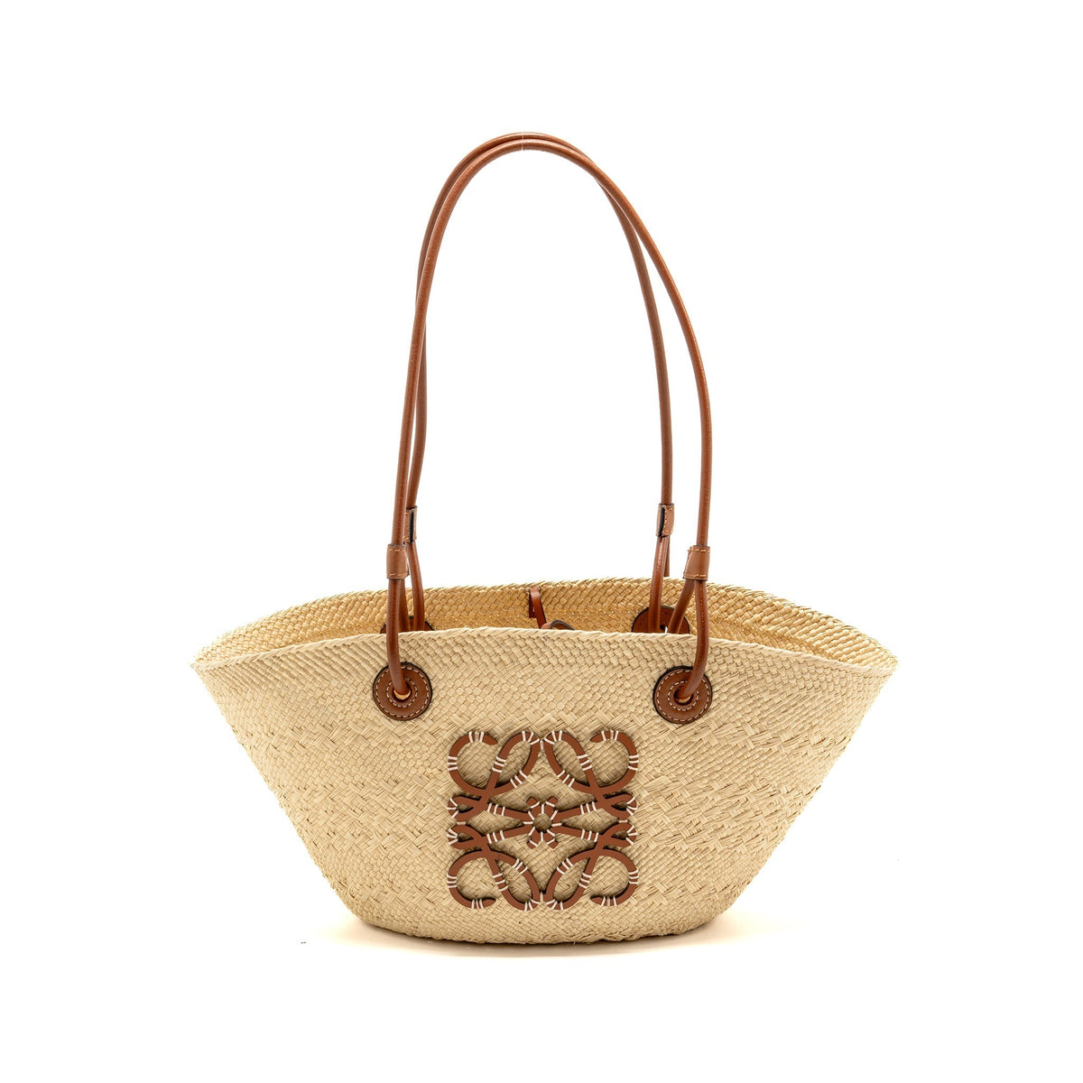 LOEWE SMALL ANAGRAM BASKET BAG IRACA PALM/CALFSKIN NATURAL/TAN