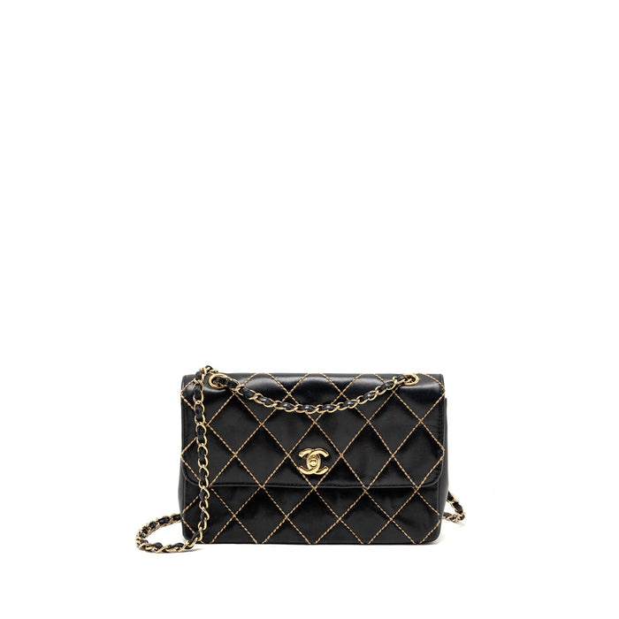 CHANEL VINTAGE QUILTED FLAP BAG LAMBSKIN BLACK WITH WHITE STITCHING GHW