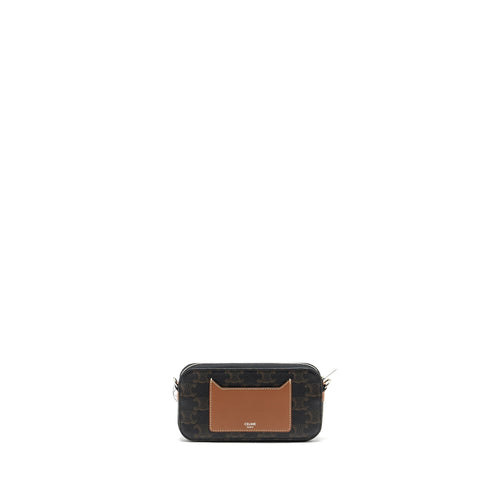 CELINE HORIZONTAL TRIOMPHE LOGO PRINT POUCH COATED CANVAS/LEATHER TAN/BROWN SHW