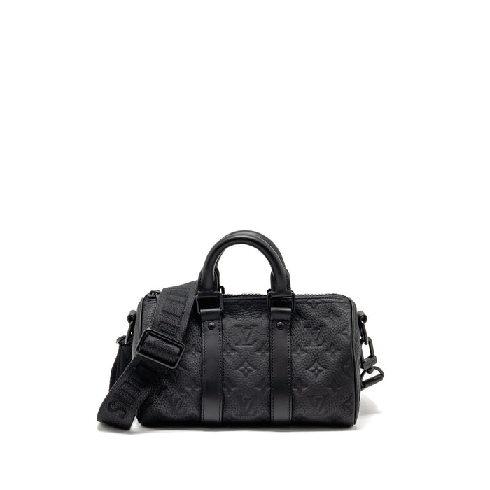 LOUIS VUITTON KEEPALL BANDOULIERE 25 MONOGRAM TAURILLON LEATHER BLACK WITH BLACK HARDWARE