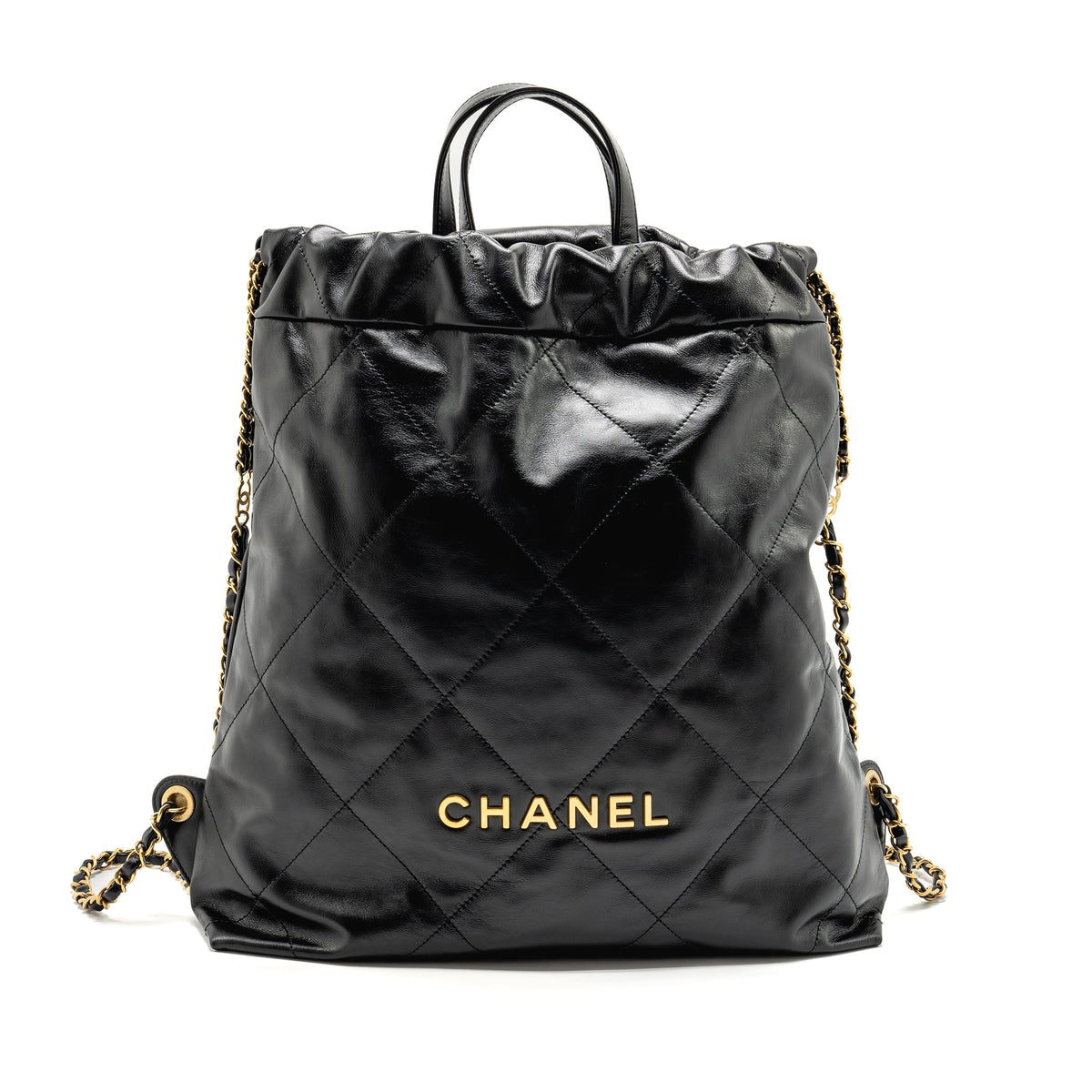 CHANEL LARGE 22 BACKPACK GOLD LETTER LOGO SHINY CALFSKIN BLACK GHW(MICROCHIP)
