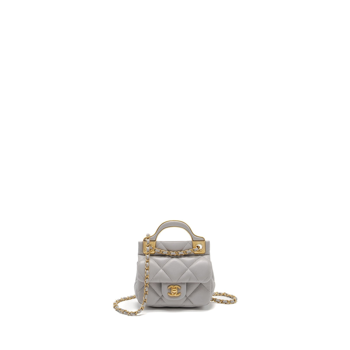CHANEL MINI QUILTED FLAP CARD HOLDER WITH CHAIN LAMBSKIN GREY GHW