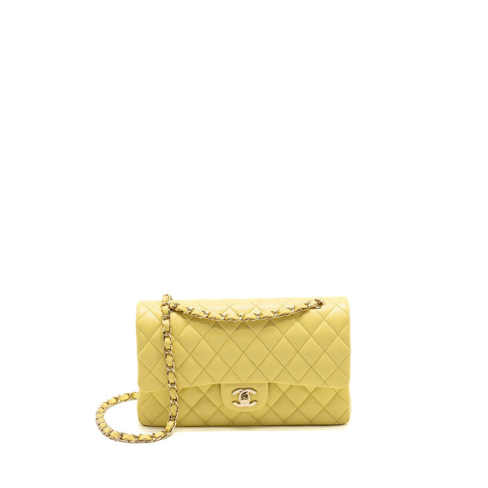 CHANEL MEDIUM CLASSIC DOUBLE FLAP BAG CAVIAR LIGHT YELLOW LGHW