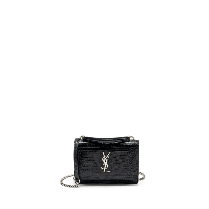 SAINT LAURENT/YSL SUNSET BAG CROC-EMBOSSED CALFSKIN BLACK SHW