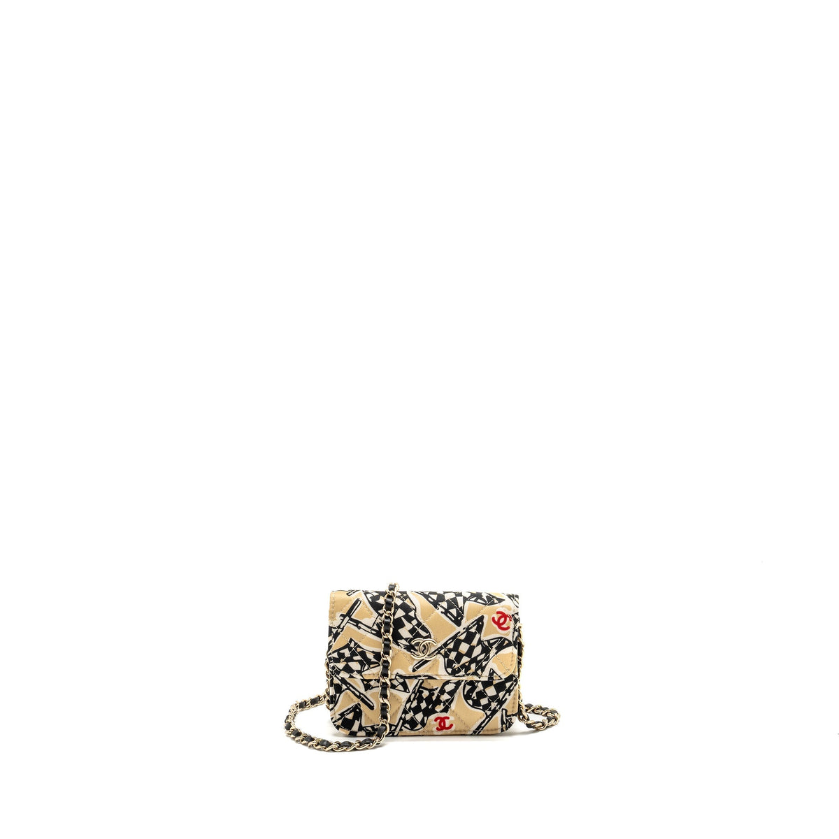 CHANEL MINI FLAP CLUTCH WITH CHAIN FABRIC BEIGE/MULTICOLOUR LGHW(MICROCHIP)
