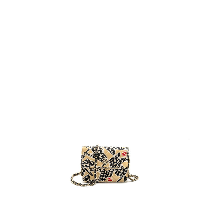 CHANEL MINI FLAP CLUTCH WITH CHAIN FABRIC BEIGE/MULTICOLOUR LGHW(MICROCHIP)