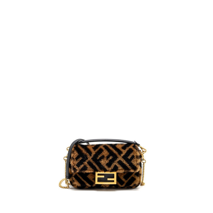 FENDI MINI BAGUETTE BAG LAMB FUR BLACK/BROWN GHW