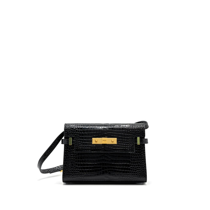 SAINT LAURENT MANHATTAN SHOULDER BAG CROCODILE-EMBOSSED BLACK GHW