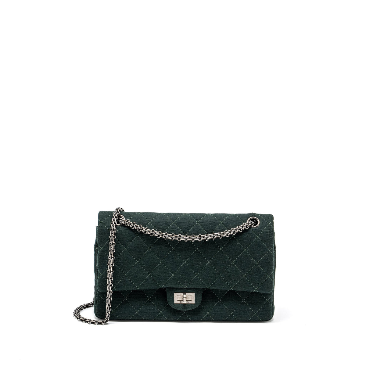 CHANEL REISSUE 2.55 226 DOUBLE FLAP BAG FABRIC DARK GREEN RUTHENIUM HARDWARE