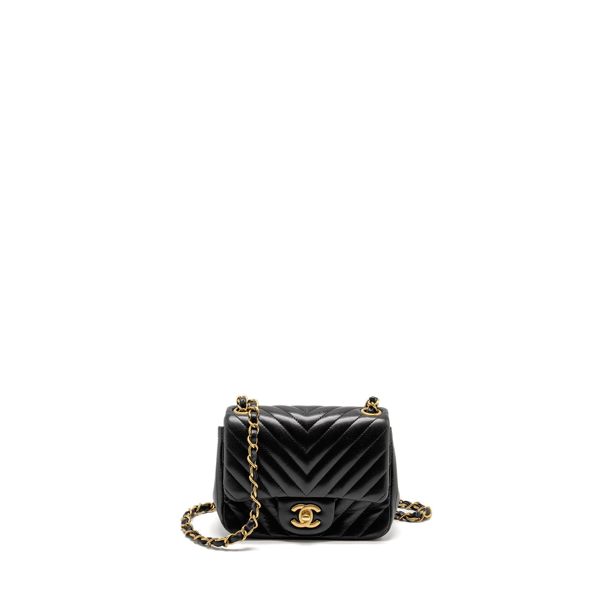 CHANEL MINI SQUARE CHEVRON FLAP BAG LAMBSKIN BLACK GHW