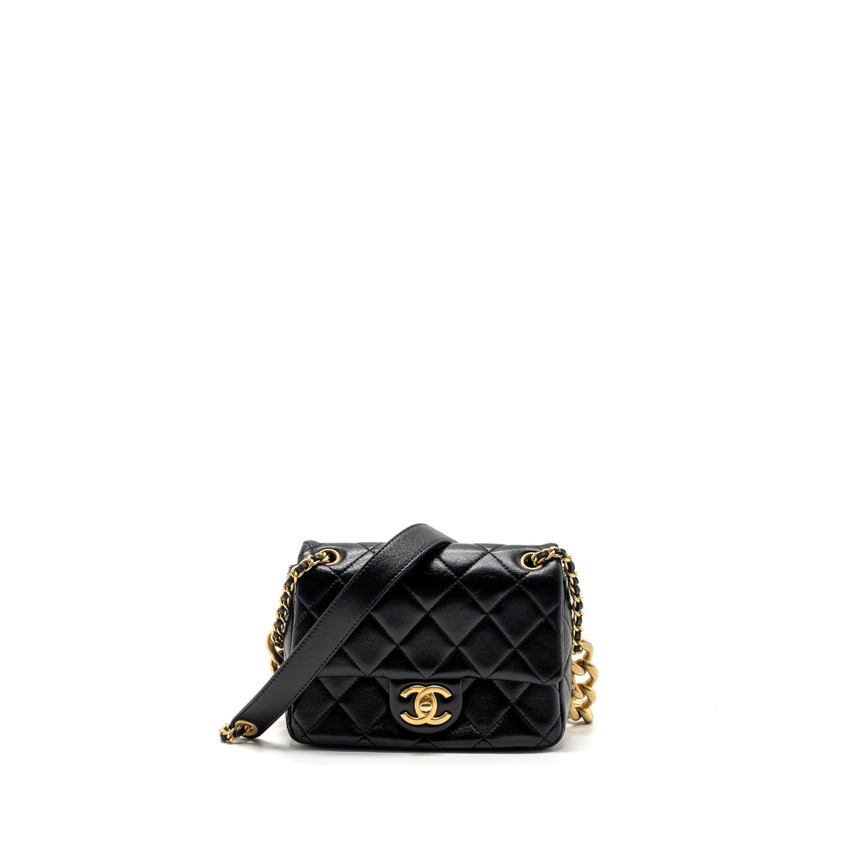 CHANEL SEASONAL MINI SQUARE FLAP BAG WITH DETAILED CHAIN STRAP CALFSKIN BLACK GHW (MICROCHIP)
