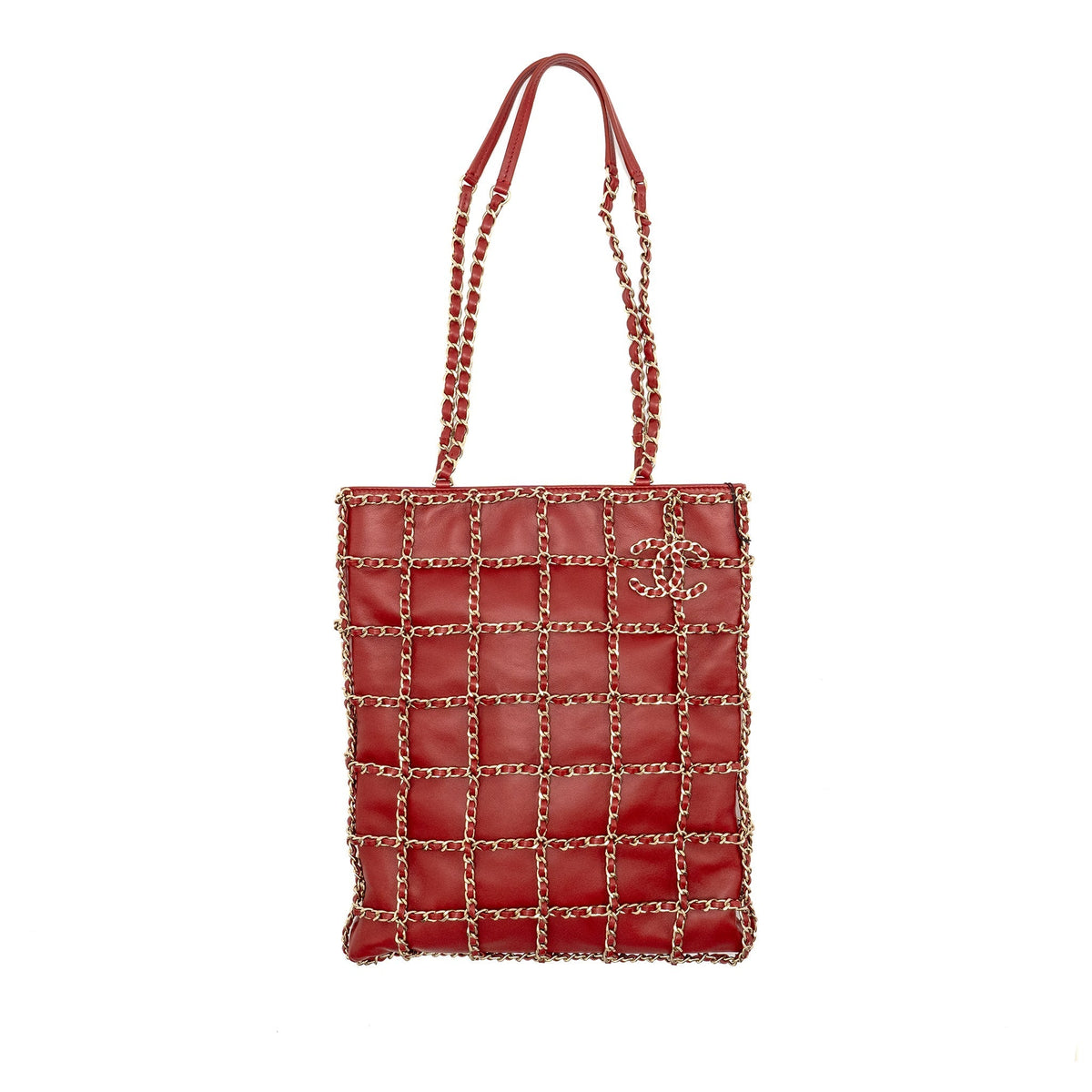 CHANEL 20A CHAIN FRAME CC CHARM SHOPPING TOTE BAG LAMBSKIN RED LGHW