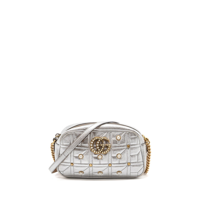 GUCCI GG MARMONT CAMERA BAG WITH PEARL LEATHER SILVER GHW
