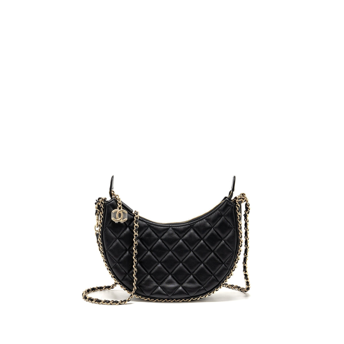 CHANEL SMALL HALF MOON HOBO BAG LAMBSKIN BLACK LGHW (MICROCHIP)