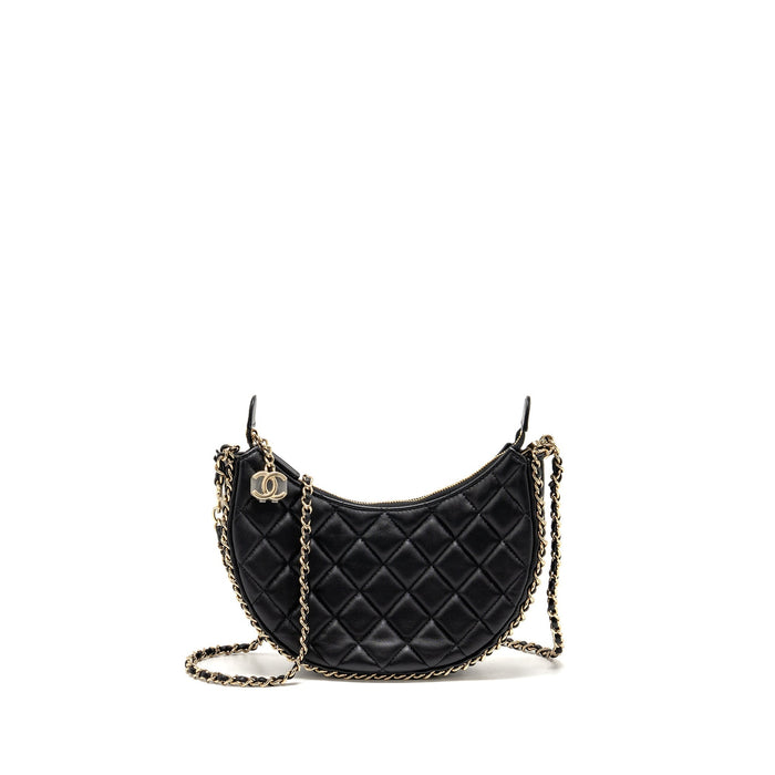 CHANEL SMALL HALF MOON HOBO BAG LAMBSKIN BLACK LGHW (MICROCHIP)
