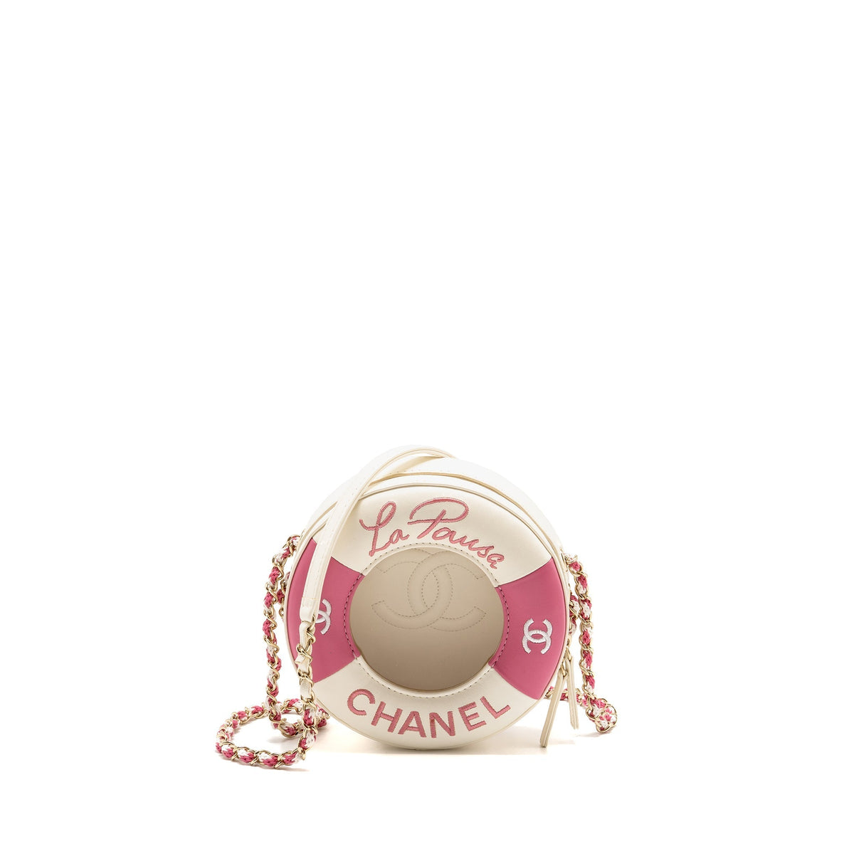 CHANEL 19C LA PAUSA LIFESAVER BAG LAMBSKIN/PVC PINK/WHITE LGHW