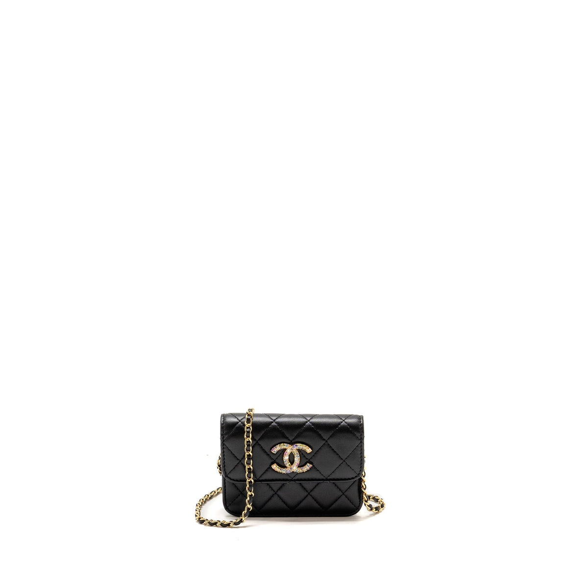 CHANEL ZIRCONIUM FLAP CLUTCH/CARD HOLDER WITH CHAIN LAMBSKIN BLACK GHW