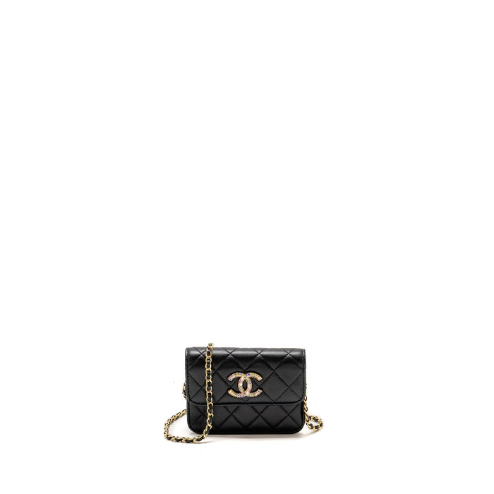 CHANEL ZIRCONIUM FLAP CLUTCH/CARD HOLDER WITH CHAIN LAMBSKIN BLACK GHW
