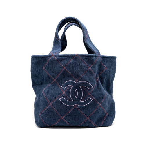 CHANEL COCO BEACH TOTE BAG WITH TOWEL/POUCH SET TERRY CLOTH NAVY SHW