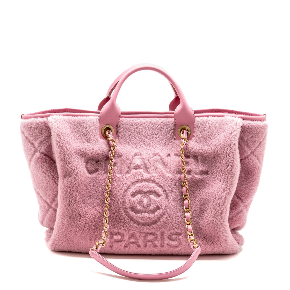 CHANEL 22A DEAUVILLE TOTE SHEARLING LAMBSKIN PINK GHW (MICROCHIP)