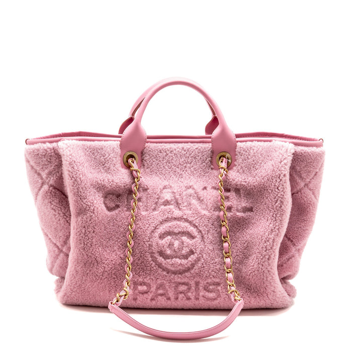 CHANEL 22A DEAUVILLE TOTE SHEARLING LAMBSKIN PINK GHW (MICROCHIP)
