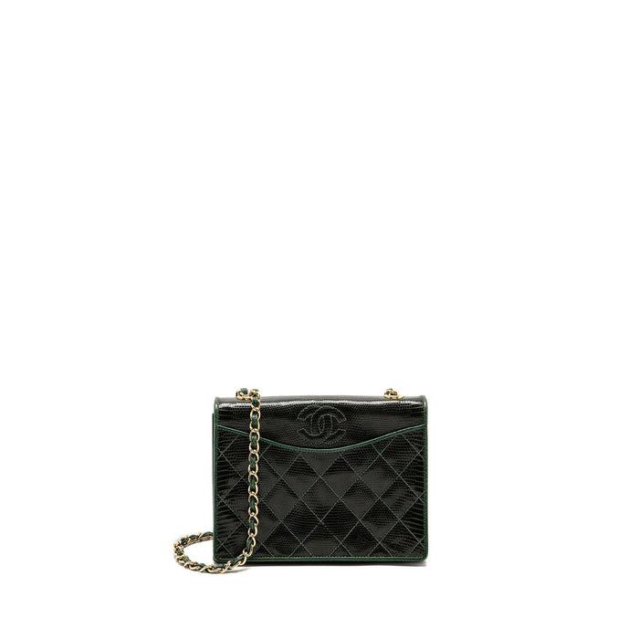CHANEL VINTAGE ENVELOP FLAP BAG WITH CHAIN LIZARD DARK GREEN GHW
