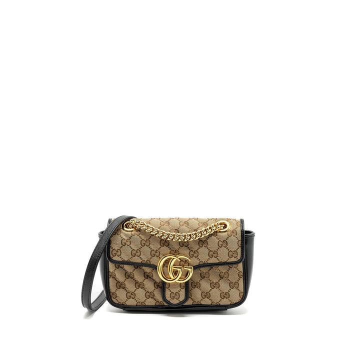 GUCCI MINI GG MARMONT BAG GG CANVAS / LEATHER BEIGE/ BLACK GHW