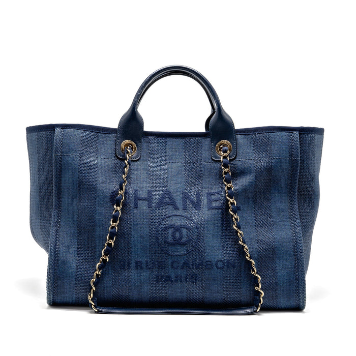 CHANEL LARGE DEAUVILLE TOTE BAG CANVAS/CALFSKIN NAVY BLUE LGHW