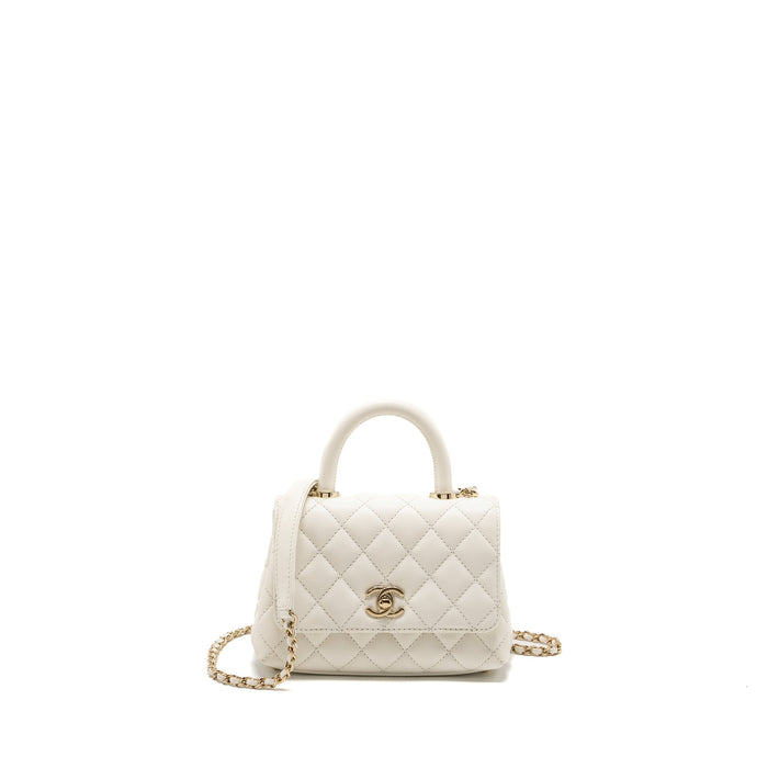CHANEL MINI COCO HANDLE CAVIAR WHITE LGHW (MICROCHIP)