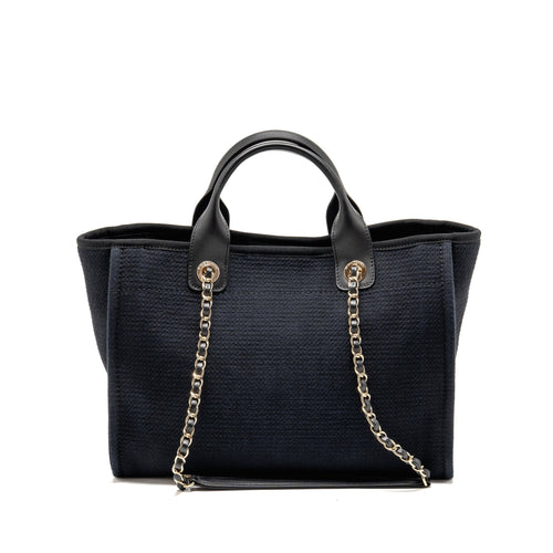 CHANEL DEAUVILLE TOTE BAG CANVAS/CALFSKIN BLACK LGHW (MICROCHIP)