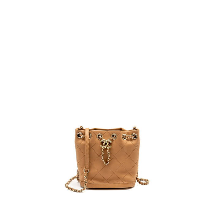 CHANEL MINI DRAWSTRING BUCKET BAG CALFSKIN DARK BEIGE LGHW