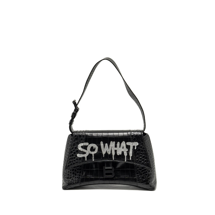 BALENCIAGA LIMITED EDITION DOWNTOWN SMALL SHOULDER BAG CROC-EMBOSSED CALFSKIN BLACK WITH BLACK HARDWARE