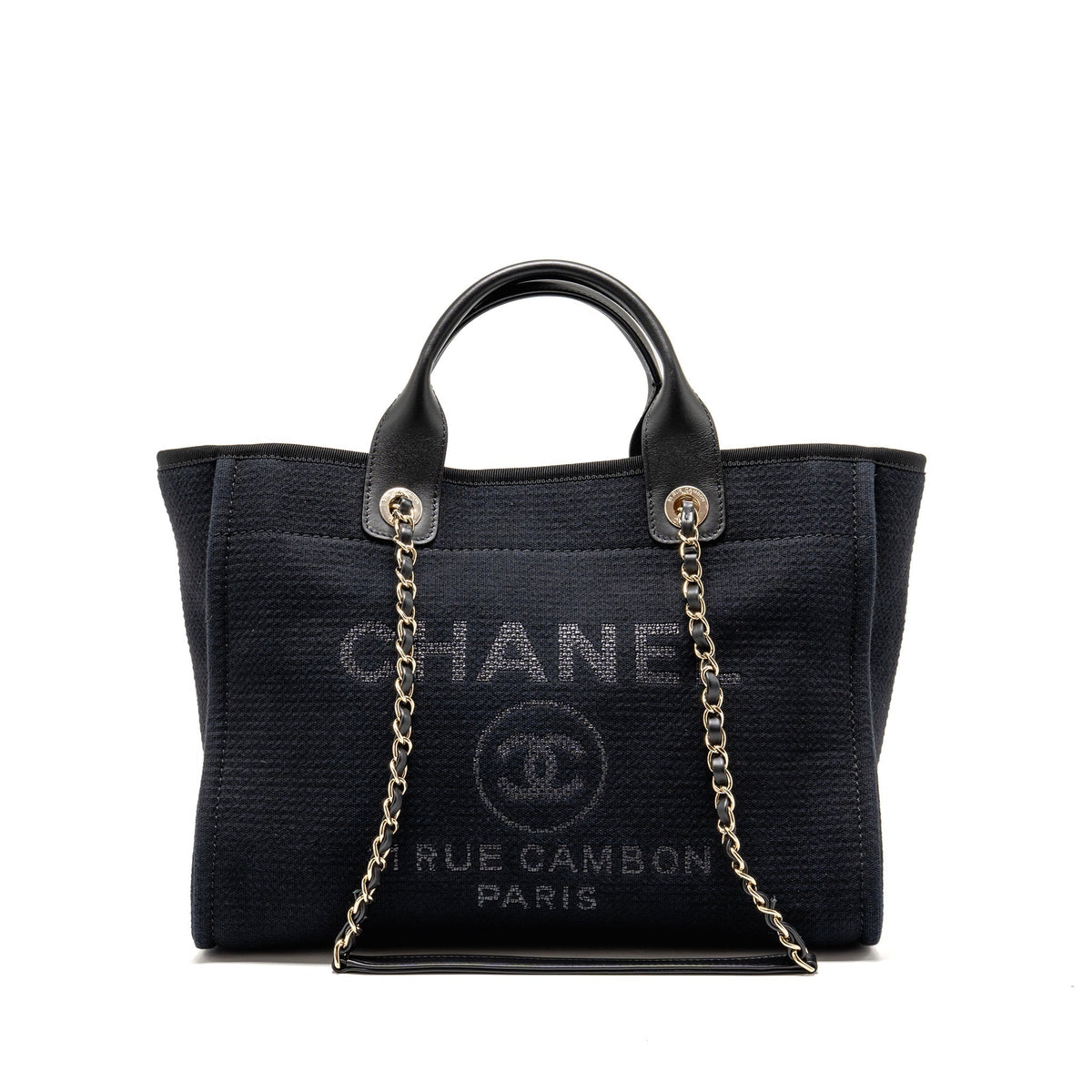 CHANEL DEAUVILLE TOTE BAG CANVAS/CALFSKIN BLACK LGHW (MICROCHIP)