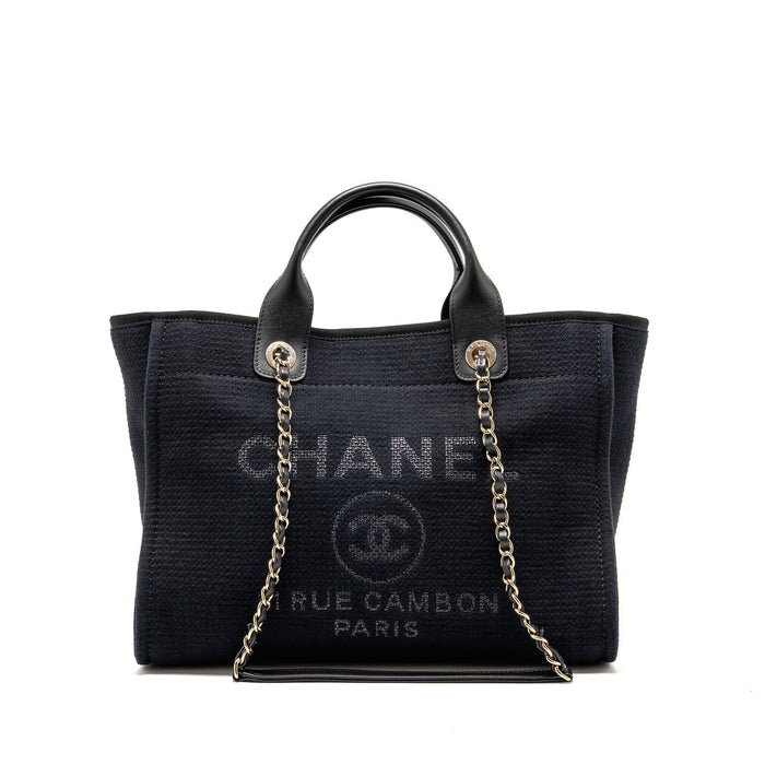 CHANEL DEAUVILLE TOTE BAG CANVAS/CALFSKIN BLACK LGHW (MICROCHIP)
