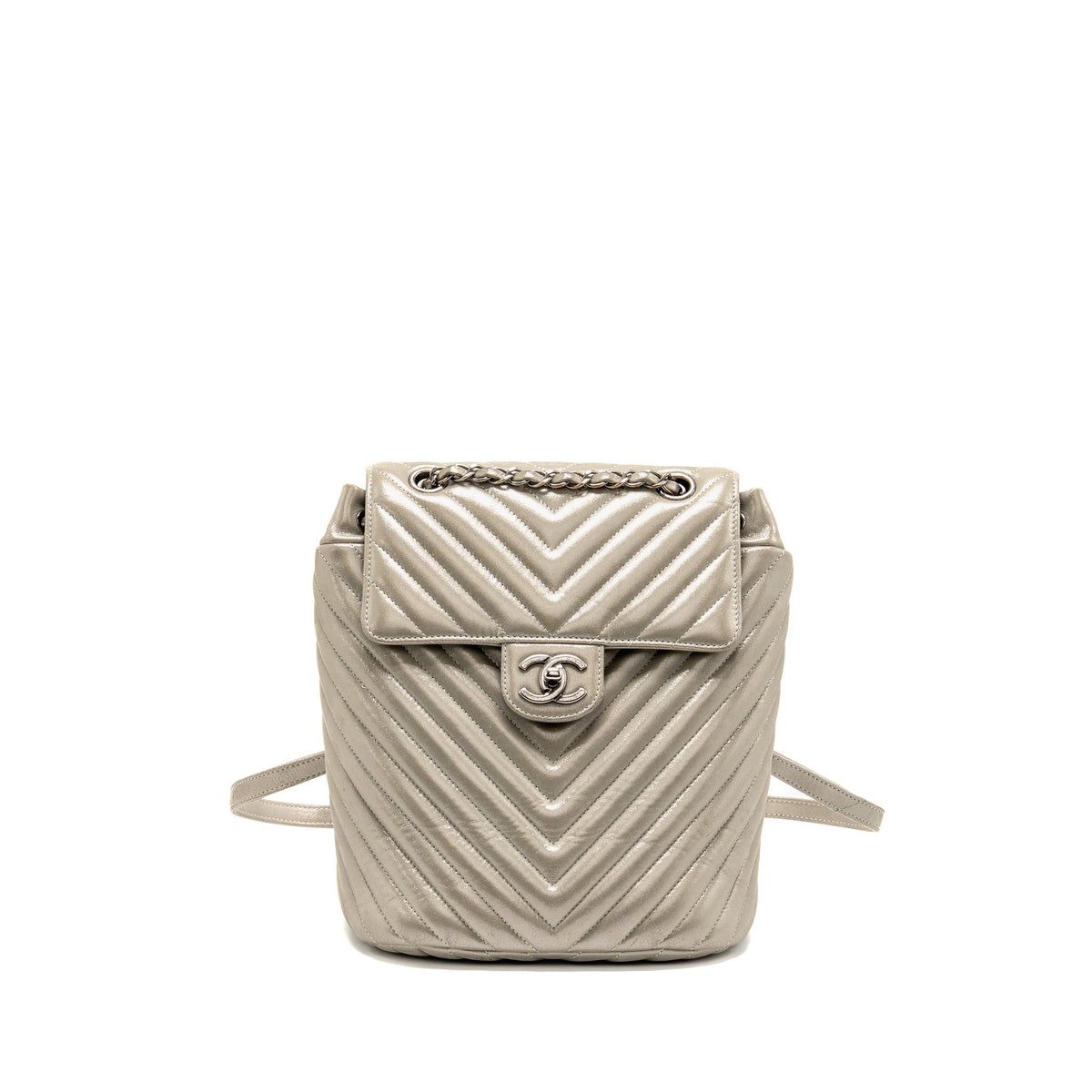 CHANEL SMALL URBAN SPIRIT BACKPACK CHEVRON CALFSKIN IRIDESCENT LIGHT GREY RUTHENIUM HARDWARE
