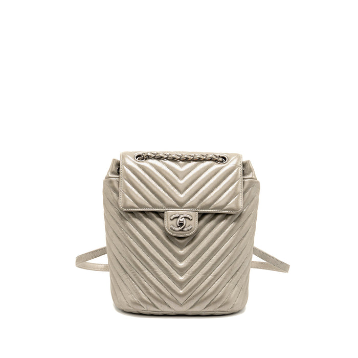 CHANEL SMALL URBAN SPIRIT BACKPACK CHEVRON CALFSKIN IRIDESCENT LIGHT GREY RUTHENIUM HARDWARE