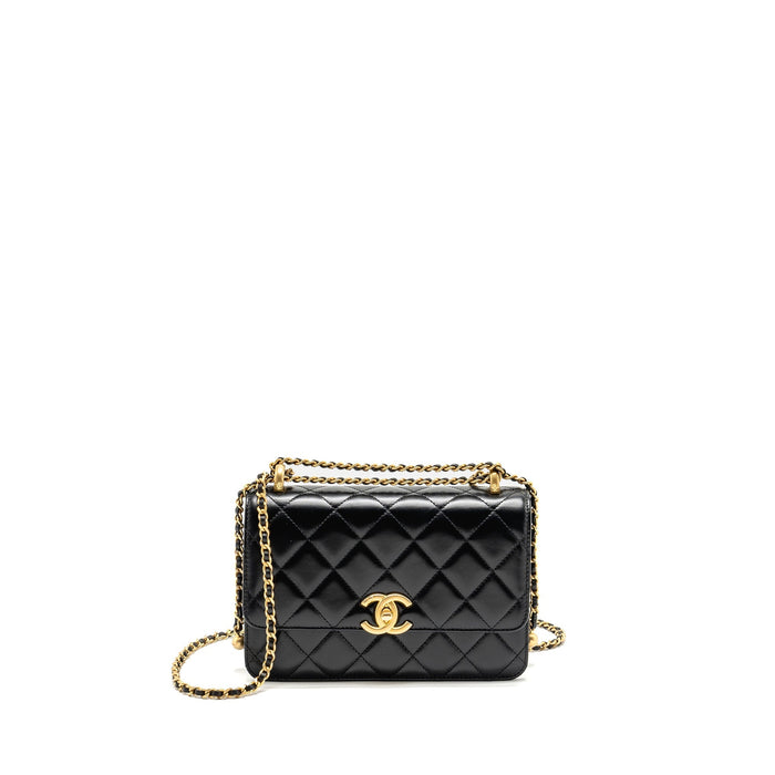CHANEL GOLD CRUSH FLAP BAG CALFSKIN BLACK GHW (MICROCHIP)