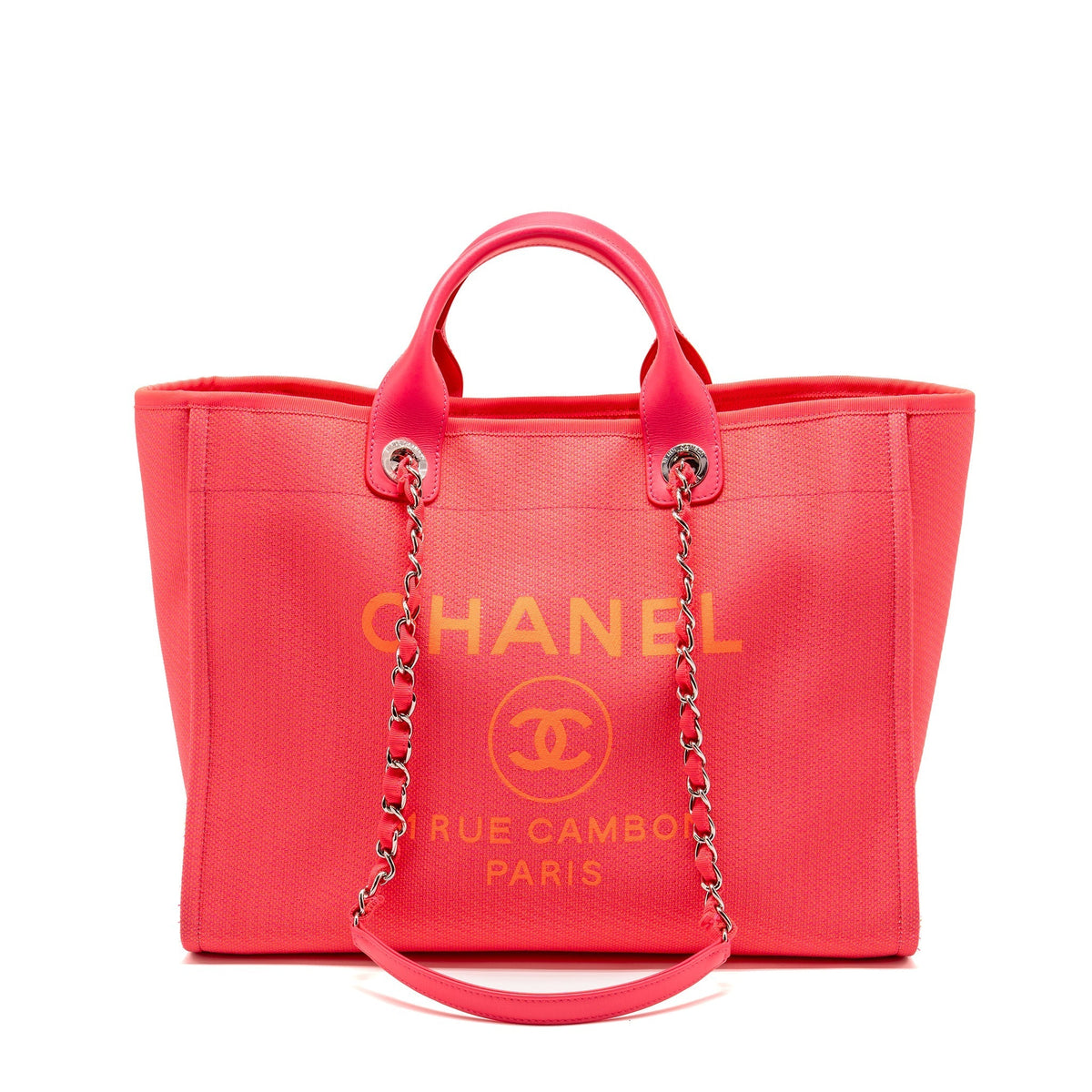 CHANEL LARGE DEAUVILLE TOTE SHOPPING BAG CANVAS/CALFSKIN HOT PINK SHW