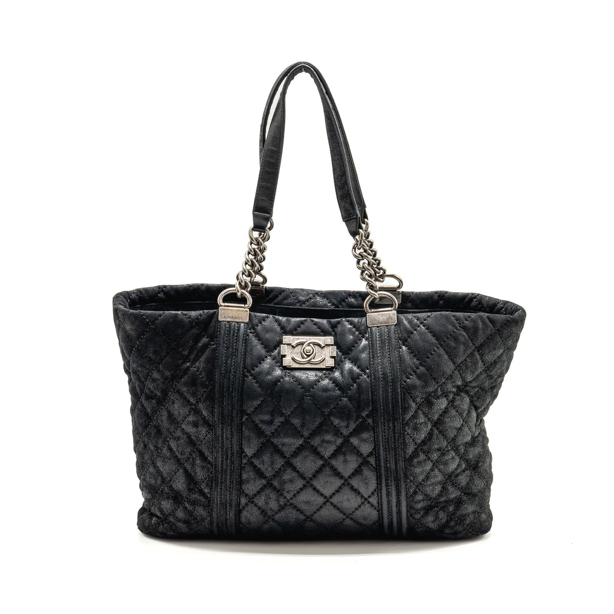 CHANEL LARGE BOY SHOPPING TOTE BAG CALFSKIN IRIDESCENT NAVY SHW