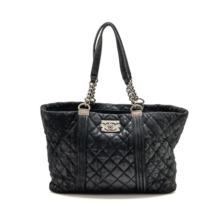 CHANEL LARGE BOY SHOPPING TOTE BAG CALFSKIN IRIDESCENT NAVY SHW