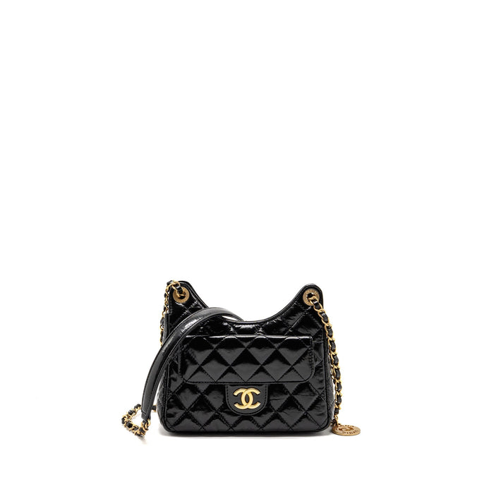 CHANEL 23P HOBO BAG SHINY CALFSKIN BLACK BRUSHED GHW(MICROCHIP)