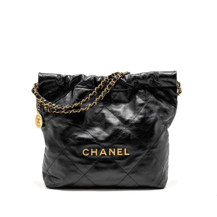 CHANEL SMALL 22 BAG GOLD LETTER SHINY CALFSKIN BLACK GHW (MICROCHIP)