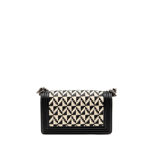 CHANEL MEDIUM BOY BAG WOVEN BLACK/WHITE RUTHENIUM HARDWARE