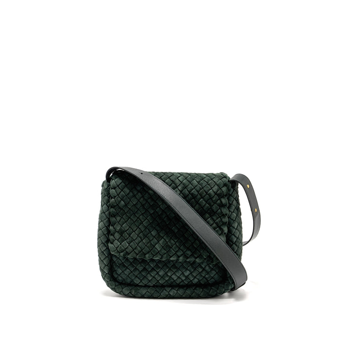 BOTTEGA VENETA COBBLE MESSENGER BAG INTRECCIATO-WOVEN PADDED SUEDE DARK GREEN GHW