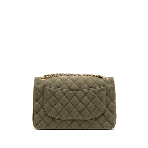 CHANEL COCO CUBA CHARMS JUMBO CLASSIC DOUBLE FLAP BAG CANVAS GREEN GHW