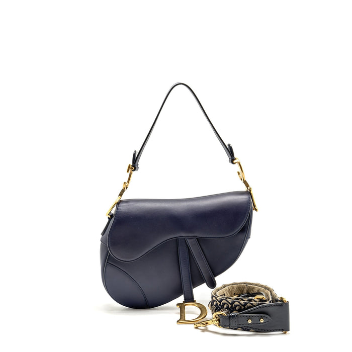 DIOR MEDIUM SADDLE BAG CALFSKIN NAVY GHW WITH BLACK OBLIQUE STRAP