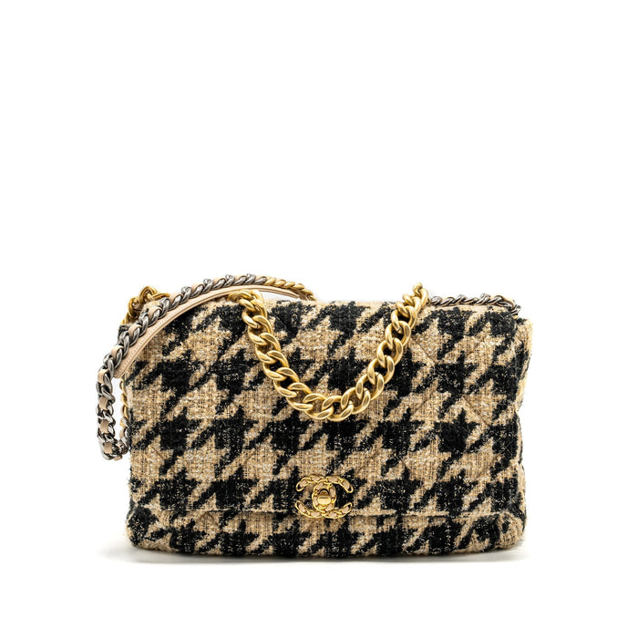 CHANEL MAXI 19 BAG TWEED BEIGE/BLACK MULTICOLOUR HARDWARE